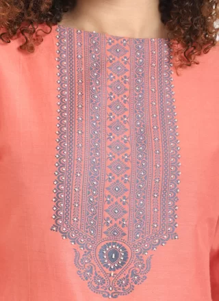 Orange Cotton Embroidered Work Casual Kurti for Casual