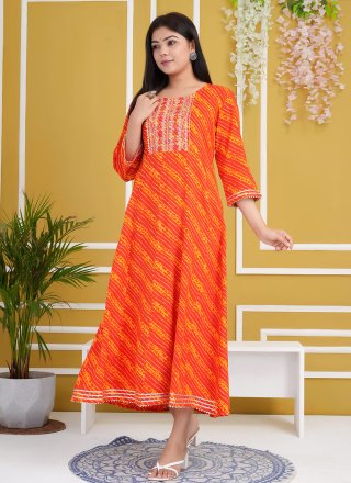 Orange Cotton Gota, Lace and Print Work Casual Kurti