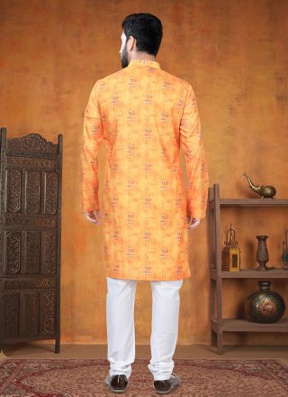 Orange Cotton Kurta Pyjama with Print Work for Ceremonial