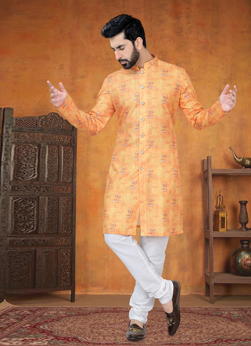 Shop Online Orange Cotton Kurta Pyjama with Print Work for