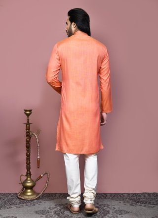Orange Cotton Silk Plain Work Kurta Pyjama for Ceremonial