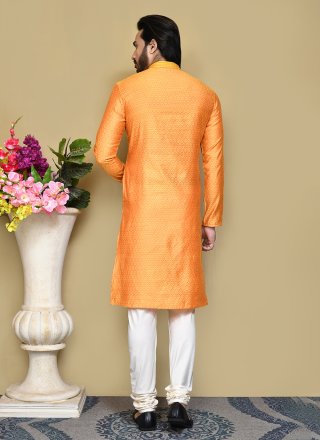 Orange Cotton Silk Resham and Woven Work Kurta Pyjama