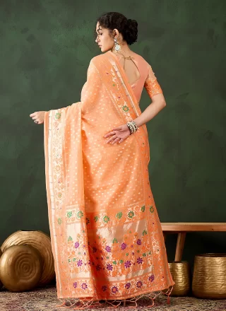 Orange Cotton Woven Work Contemporary Sari for Casual