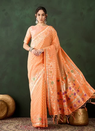 Orange Ready Pleated Kanchipuram Silk Meena Casual Sarees Orange Ready Pleated Kanchipuram Silk Meena Casual Saris and Orange Ready Pleated Kanchipuram Silk Meena Casual Wear Sarees Online Shopping