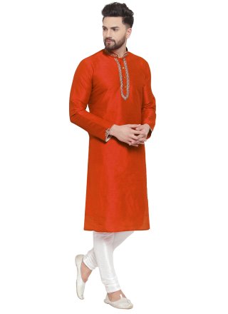 Orange Dupion Silk Kurta Pyjama with Embroidered Work for Men