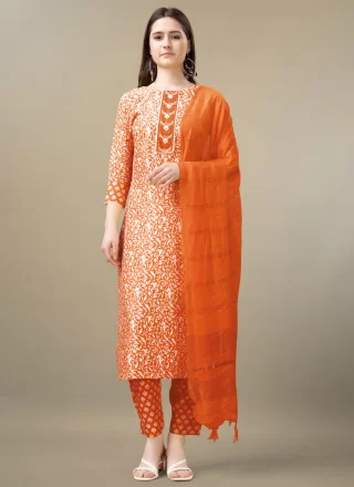 Orange Embroidered and Print Work Rayon Pant Style Suit