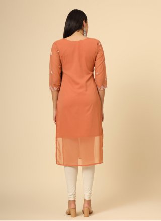 Orange Georgette Chikankari and Embroidered Work Casual Kurti for Women