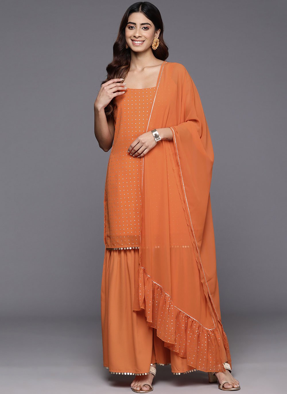 Buy Online Orange Georgette Print Work Readymade Salwar Suit for