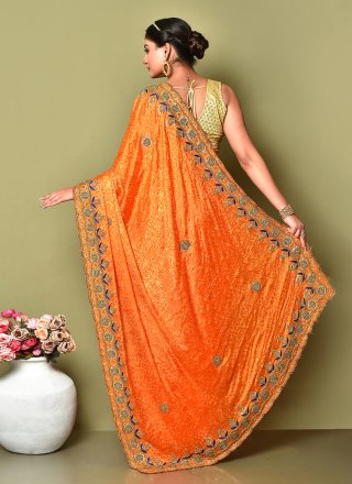 Orange Jacquard Hand Work Classic Saree