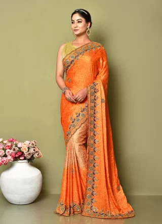 Orange Jacquard Hand Work Classic Saree