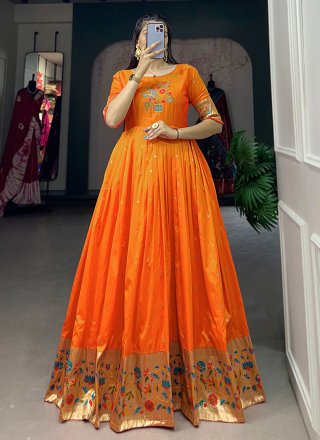Orange Jacquard Silk  Designer Gown with Thread and Woven Work for Ceremonial