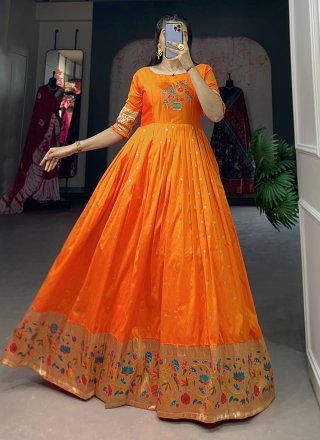 Orange Jacquard Silk  Designer Gown with Thread and Woven Work for Ceremonial