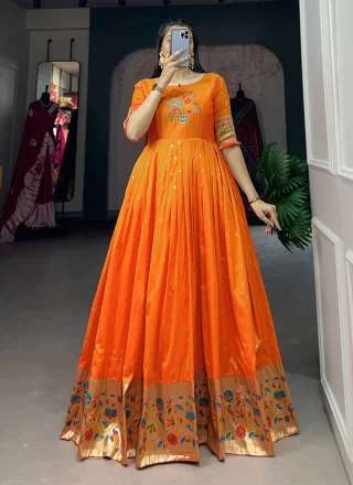Orange Jacquard Silk  Designer Gown with Thread and Woven Work for Ceremonial