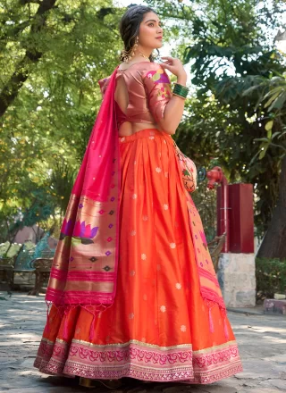 Orange Jacquard Silk Weaving and Zari Work Lehenga Choli for Women