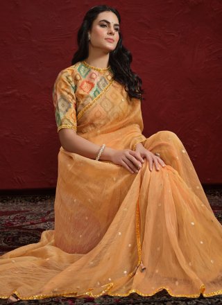 Orange Jacquard Traditional Saree with Patch Border and Lace Work