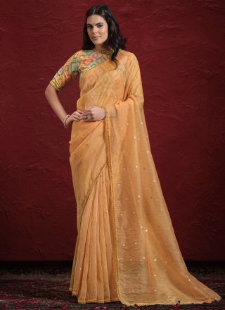Orange Jacquard Traditional Saree with Patch Border and Lace Work