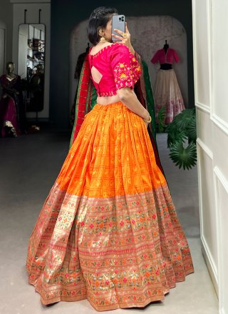 Orange Jacquard Weaving and Zari Work Lehenga Choli for Women
