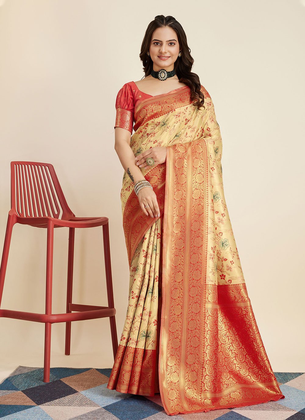 Buy Orange Zari Weaving Kanjivaram Saree With Blouse Online At Zeel Clothing