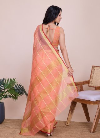 Orange Kota Doriya Classic Saree with Weaving and Zari Work for Women