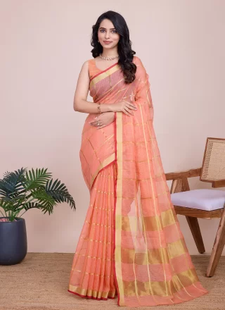 Orange Kota Doriya Classic Saree with Weaving and Zari Work for Women