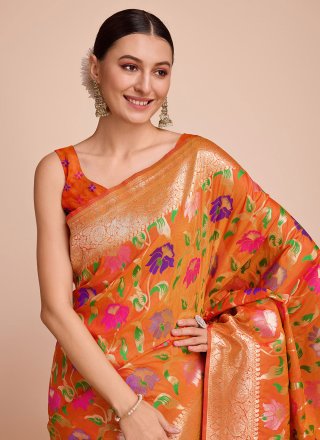 Orange Meenakari and Weaving Work Paithni Trendy Saree