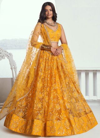 Orange Net Embroidered, Sequins and Thread Work Lehenga Choli for Ceremonial