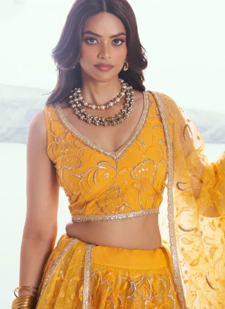 Orange Net Embroidered, Sequins and Thread Work Lehenga Choli for Ceremonial