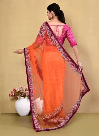 Orange Net Hand Work Classic Saree for Women