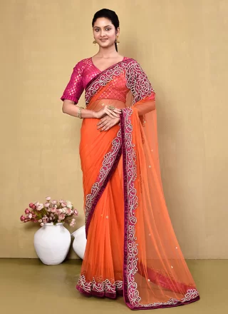 Orange Net Hand Work Classic Saree for Women