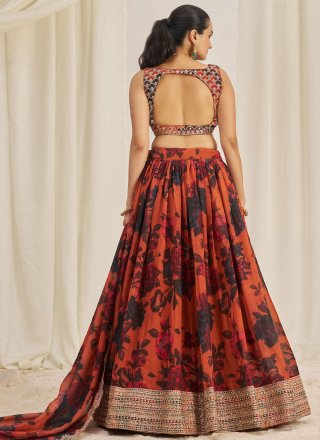 Orange Organza Lehenga Choli with Dori, Print, Sequins and Zari Work for Women