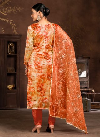 Orange Organza Salwar Suit with Hand and Woven Work for Women