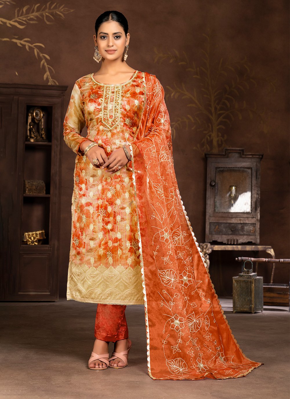 Orange Organza Salwar Suit with Hand and Woven Work for Women