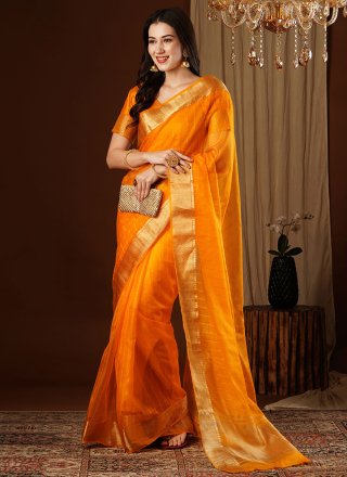 Orange Organza Weaving and Zari Work Traditional Saree for Casual