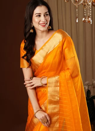 Orange Organza Weaving and Zari Work Traditional Saree for Casual