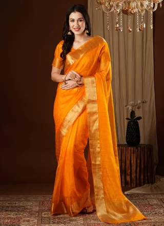Orange Organza Weaving and Zari Work Traditional Saree for Casual