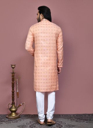 Orange Print Work Cotton Kurta Pyjama