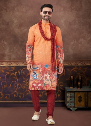 Orange Rayon Digital Print Work Kurta Pyjama