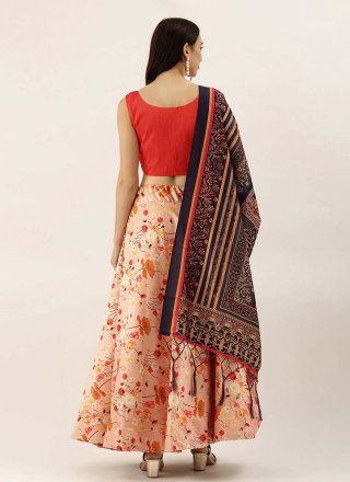 Orange Satin Silk Digital Print Work A - Line Lehenga Choli for Casual