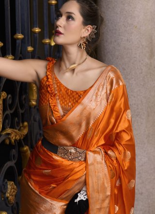 Orange Satin Silk Trendy Saree