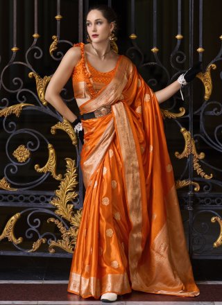 Orange Satin Silk Trendy Saree