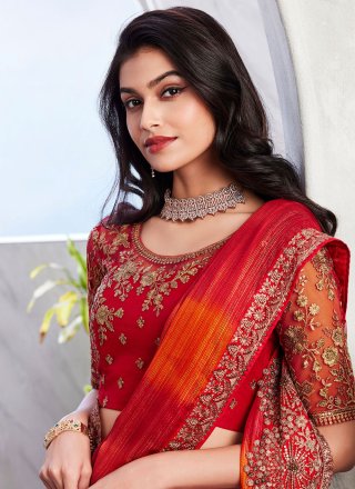 Orange Shimmer Designer Saree with Patch Border and Embroidered Work