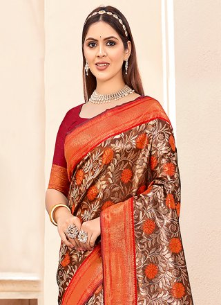 Orange Silk Classic Sari with Print and Woven Work for Casual