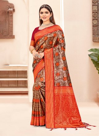 Orange Silk Classic Sari with Print and Woven Work for Casual