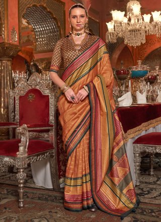 Orange Silk Designer Saree with Weaving Work for Women