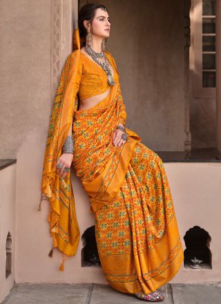 Orange Silk Designer Sari with Print Work