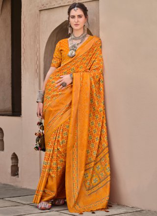 Orange Silk Designer Sari with Print Work