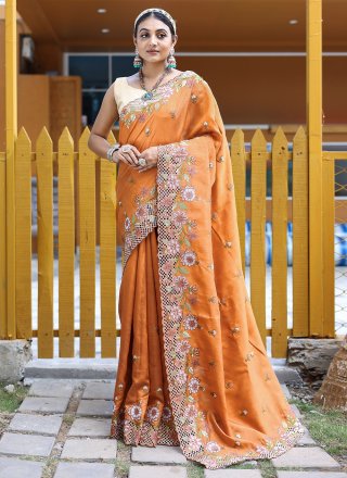 Orange Silk Embroidered and Resham Thread Work Traditional Saree