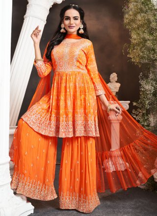 Orange Silk Embroidered Work Salwar Suit
