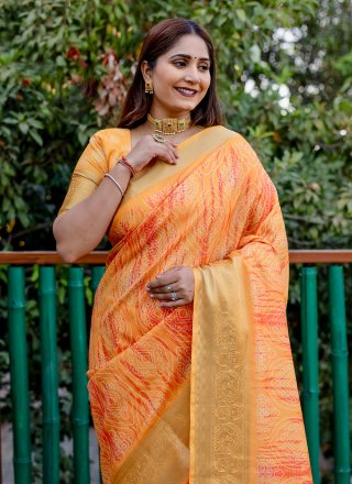 Orange Silk Patch Border, Digital Print and Woven Work Contemporary Saree for Women