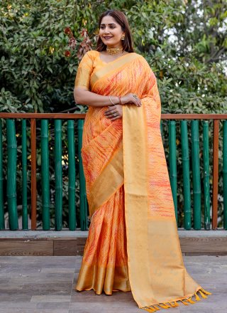Orange Silk Patch Border, Digital Print and Woven Work Contemporary Saree for Women